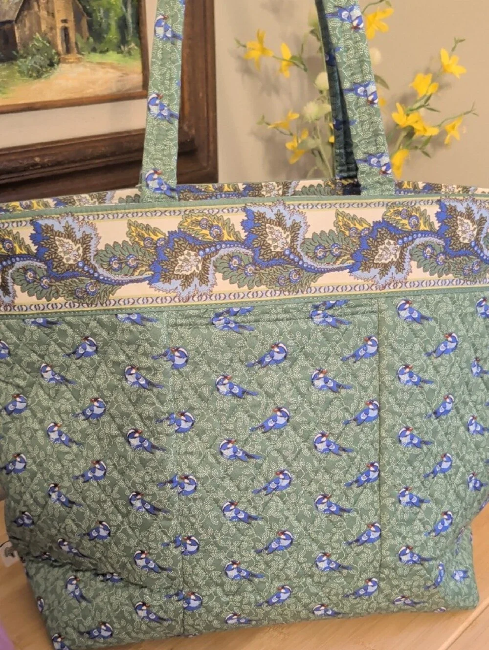 Vera Bradley Green Birds Quilted Zip Tote with Blue Bird Print and Paisley Trim